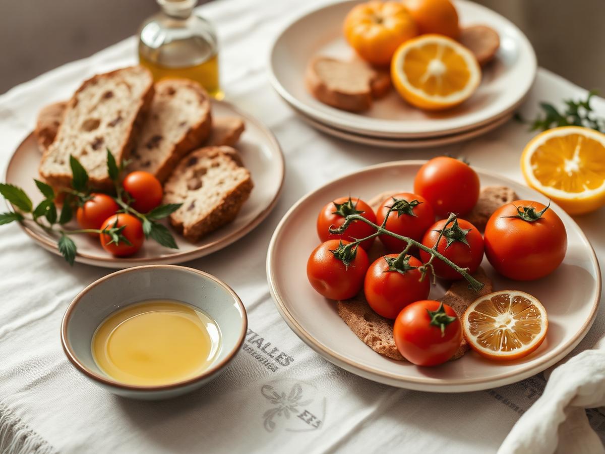 Masă de brunch cu pâine, roșii și ulei de măsline